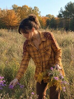 Mustard Plaid Button-Down Women's Top with Embroidered Shoulders